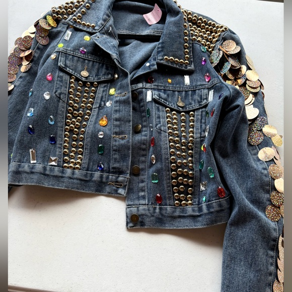 Boutique Jackets & Blazers - NWT Studded Denim Jacket with Gold and Multicolor Accents. Size M available.